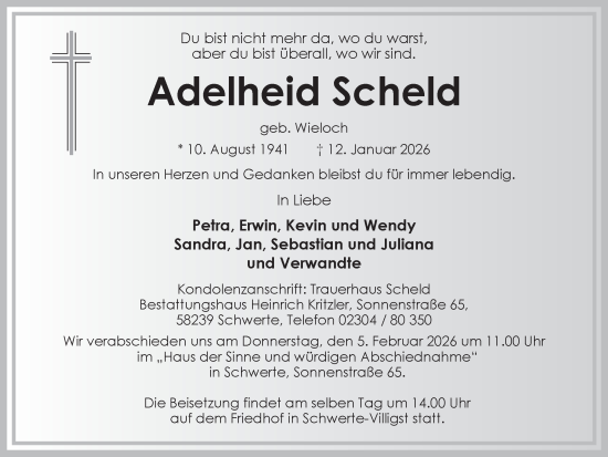 Traueranzeige von Adelheid Scheld von Ruhr Nachrichten
