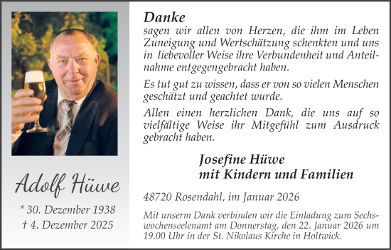Traueranzeige von Adolf Hüwe von Münsterland Zeitung