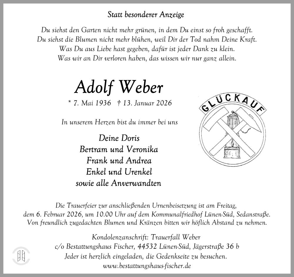  Traueranzeige für Adolf Weber vom 31.01.2026 aus Lüner Anzeiger