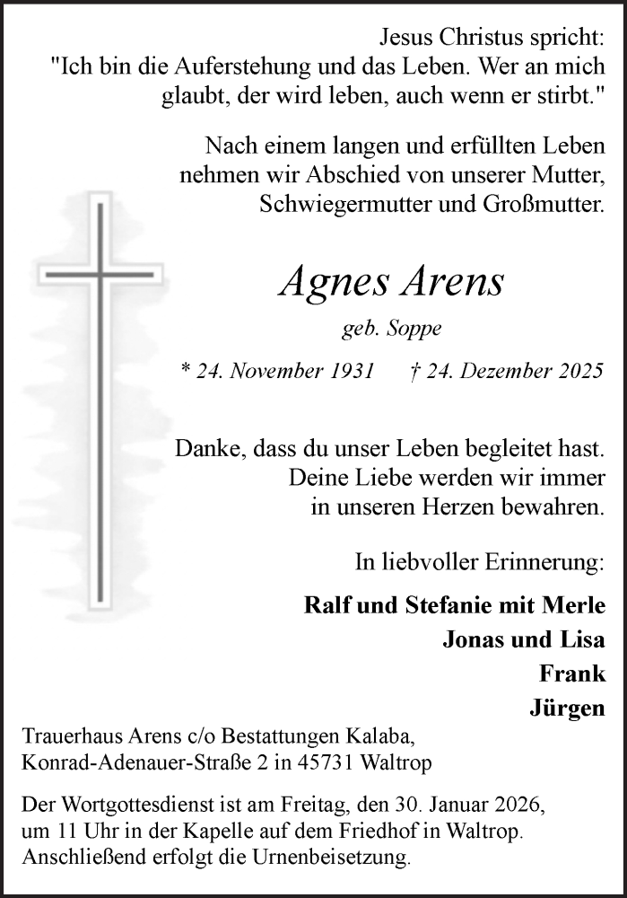  Traueranzeige für Agnes Arens vom 24.01.2026 aus Trauer Vest