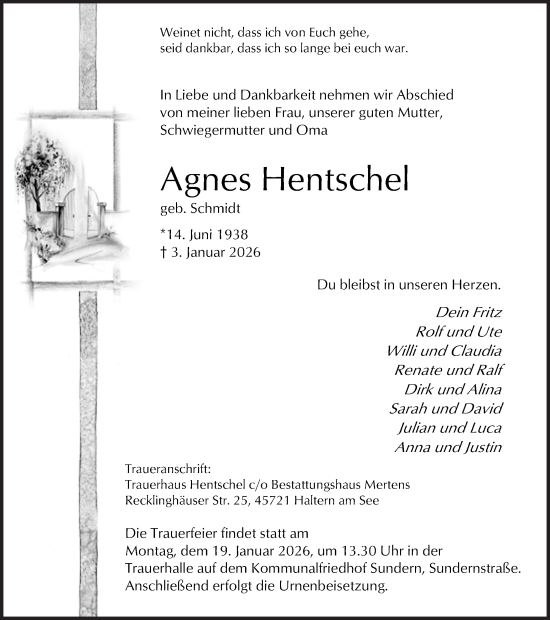 Traueranzeige von Agnes Hentschel von Ruhr Nachrichten und Halterner Zeitung