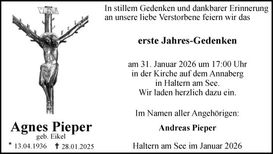 Traueranzeige von Agnes Pieper von Ruhr Nachrichten und Halterner Zeitung