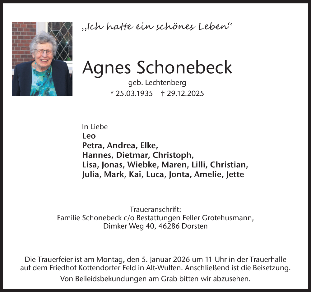  Traueranzeige für Agnes Schonebeck vom 02.01.2026 aus Ruhr Nachrichten und Dorstener Zeitung