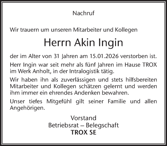 Traueranzeige von Akin Ingin 
