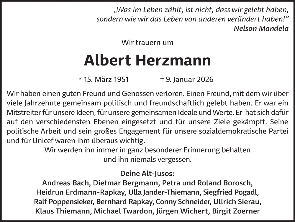  Traueranzeige für Albert Herzmann vom 17.01.2026 aus Ruhr Nachrichten