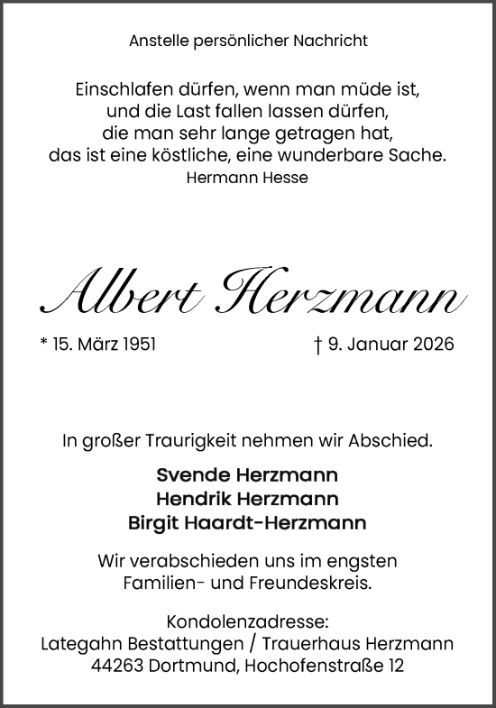 Traueranzeige von Albert Herzmann von Ruhr Nachrichten
