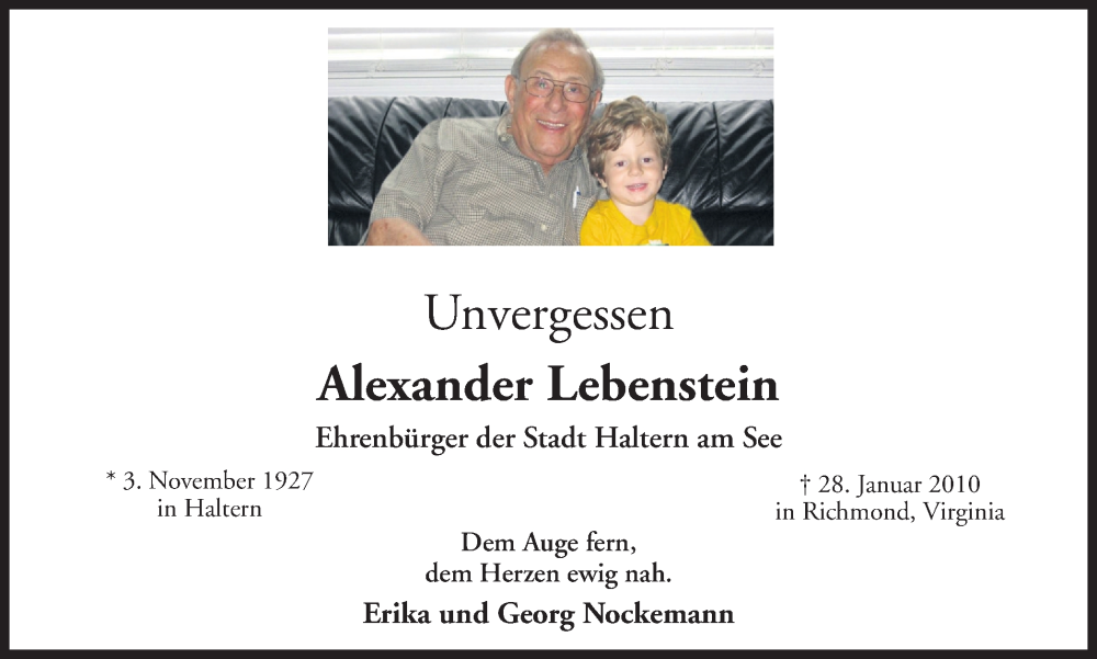  Traueranzeige für Alexander Lebenstein vom 28.01.2026 aus Ruhr Nachrichten und Halterner Zeitung