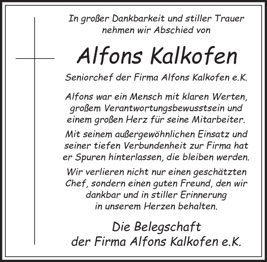 Traueranzeige von Alfons Kalkofen 