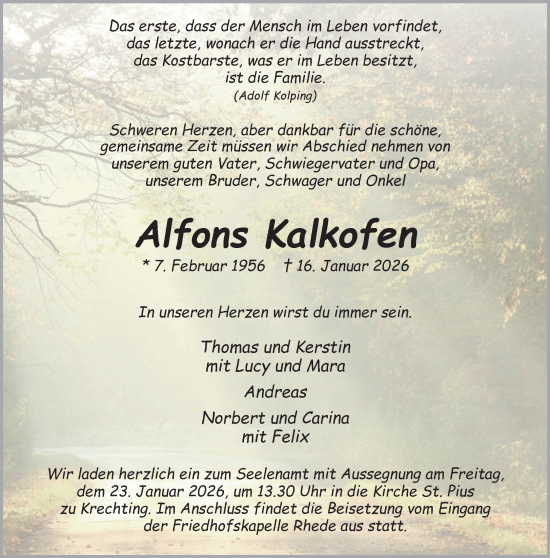 Traueranzeige von Alfons Kalkofen 