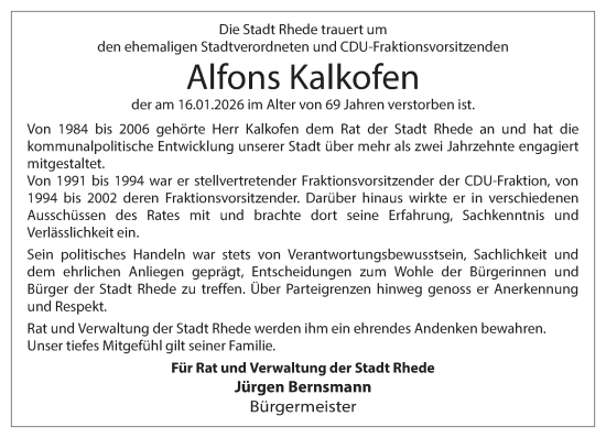 Traueranzeige von Alfons Kalkofen 