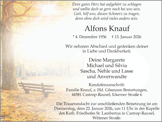 Traueranzeige von Alfons Knauf von Stadtanzeiger Castrop-Rauxel