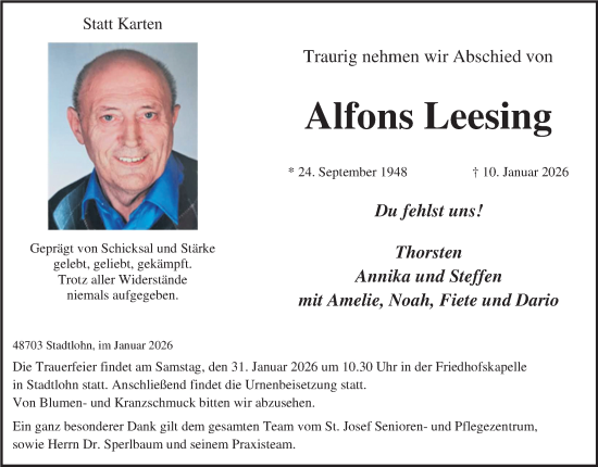 Traueranzeige von Alfons Leesing von Münsterland Zeitung