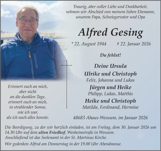 Traueranzeige von Alfred Gesing von Münsterland Zeitung
