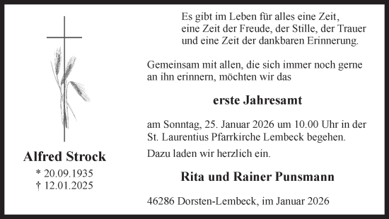 Traueranzeige von Alfred Strock von Ruhr Nachrichten und Dorstener Zeitung