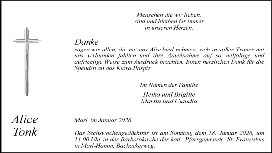 Traueranzeige von Alice Tonk von Trauer Vest