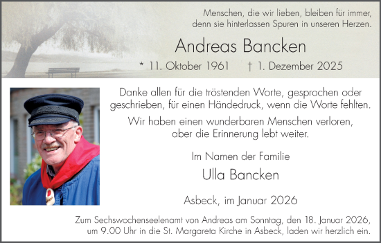 Traueranzeige von Andreas Bancken von Münsterland Zeitung