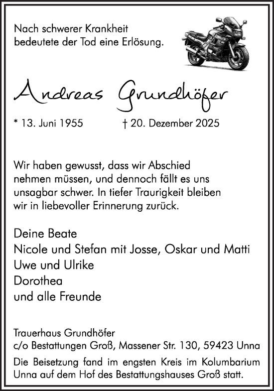 Traueranzeige von Andreas Grundhöfer von Hellweger Anzeiger