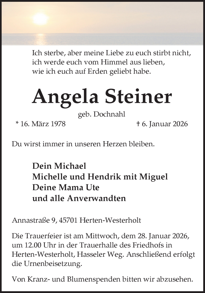  Traueranzeige für Angela Steiner vom 21.01.2026 aus Trauer Vest
