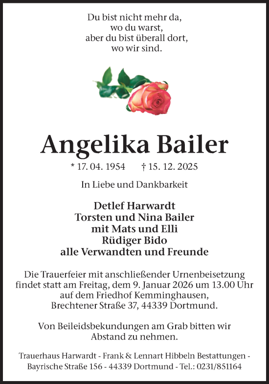 Traueranzeige von Angelika Bailer von Ruhr Nachrichten