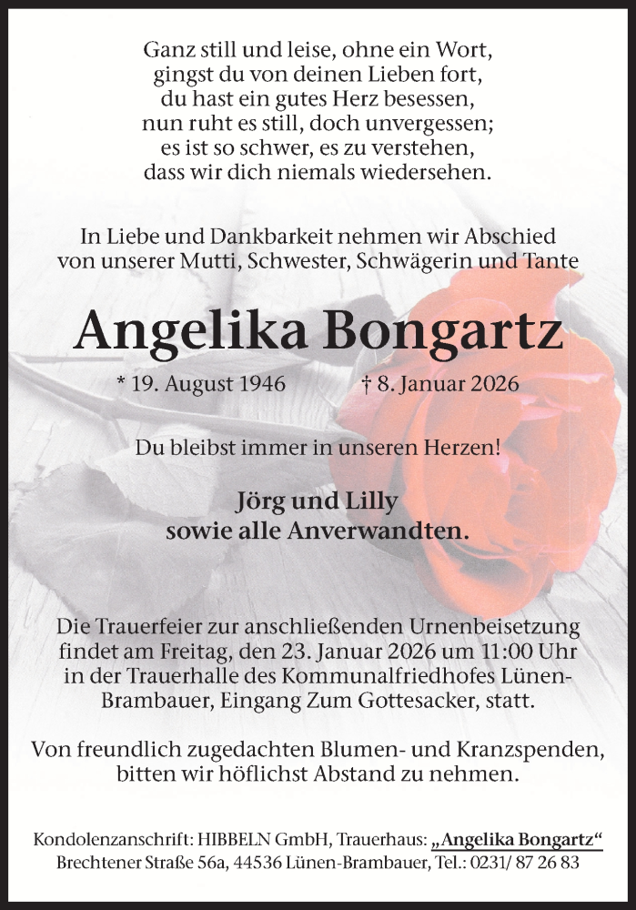  Traueranzeige für Angelika Bongartz vom 17.01.2026 aus Lüner Anzeiger