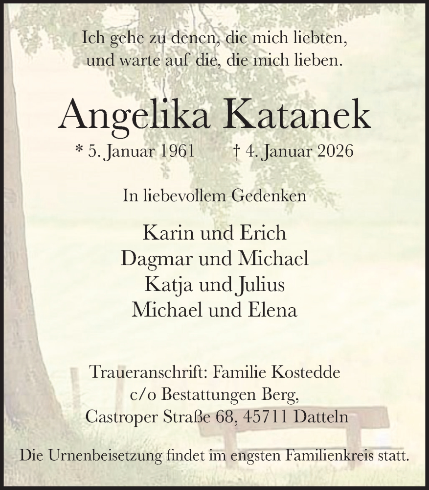  Traueranzeige für Angelika Katanek vom 17.01.2026 aus Trauer Vest
