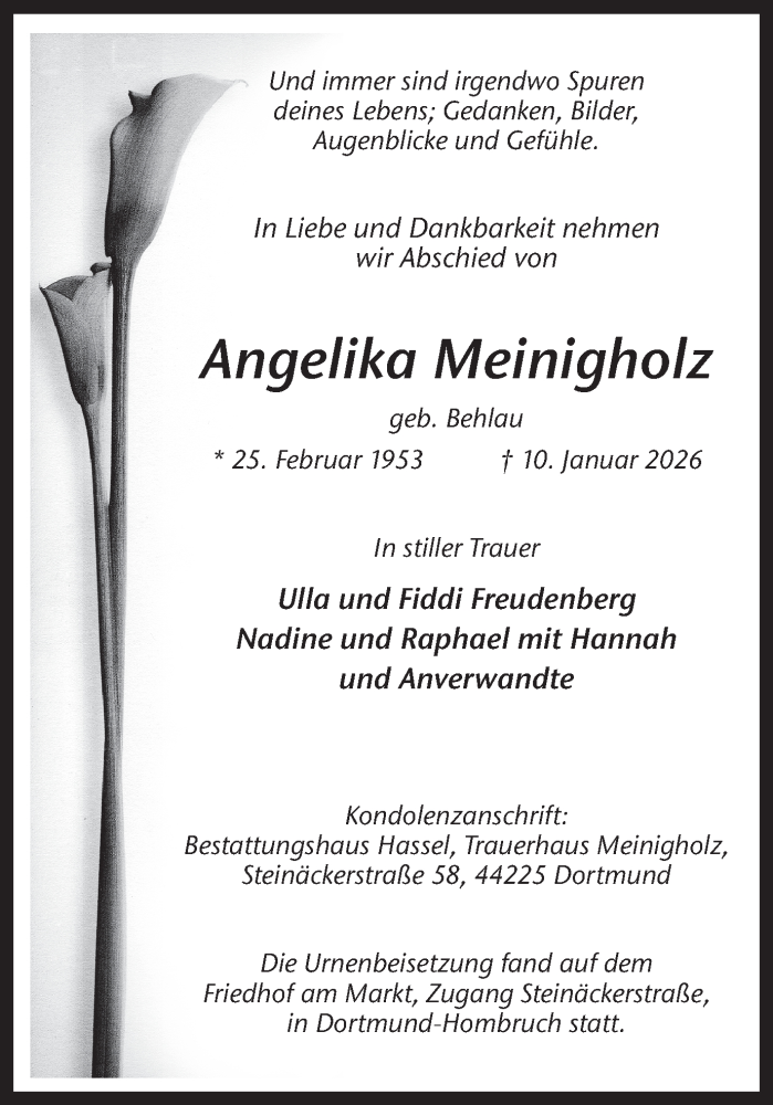  Traueranzeige für Angelika Meinigholz vom 31.01.2026 aus Ruhr Nachrichten