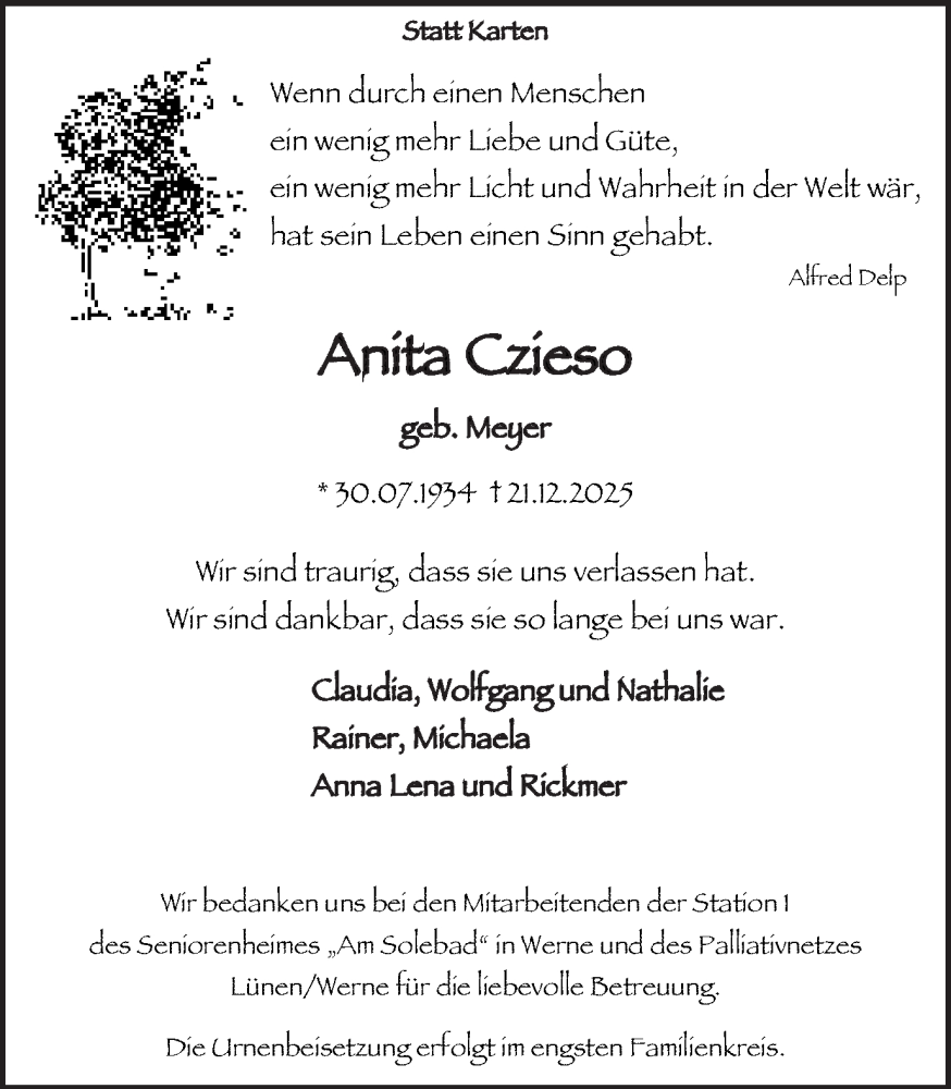  Traueranzeige für Anita Czieso vom 03.01.2026 aus Lüner Anzeiger