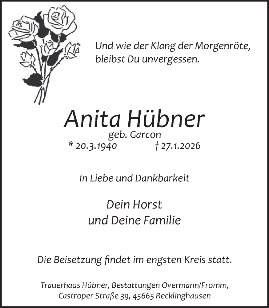  Traueranzeige für Anita Hübner vom 31.01.2026 aus Trauer Vest