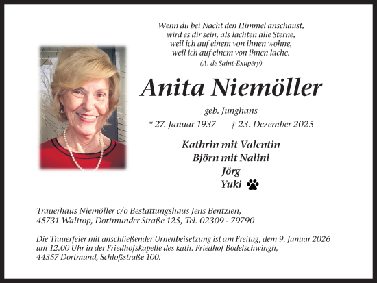 Traueranzeige von Anita Niemöller von Ruhr Nachrichten