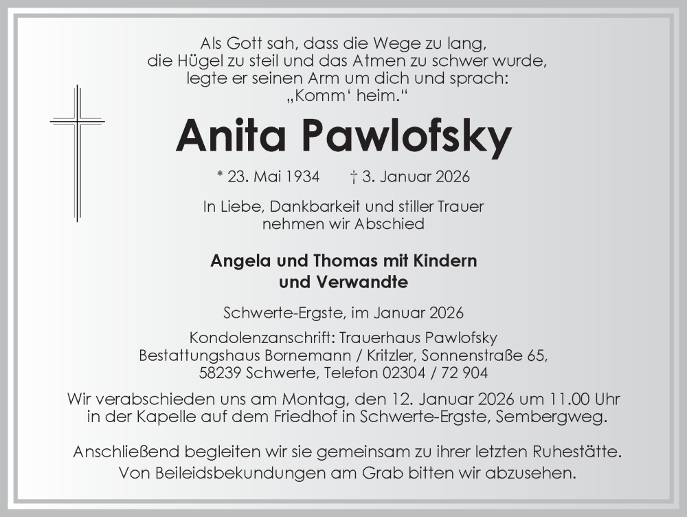  Traueranzeige für Anita Pawlofsky vom 10.01.2026 aus Ruhr Nachrichten