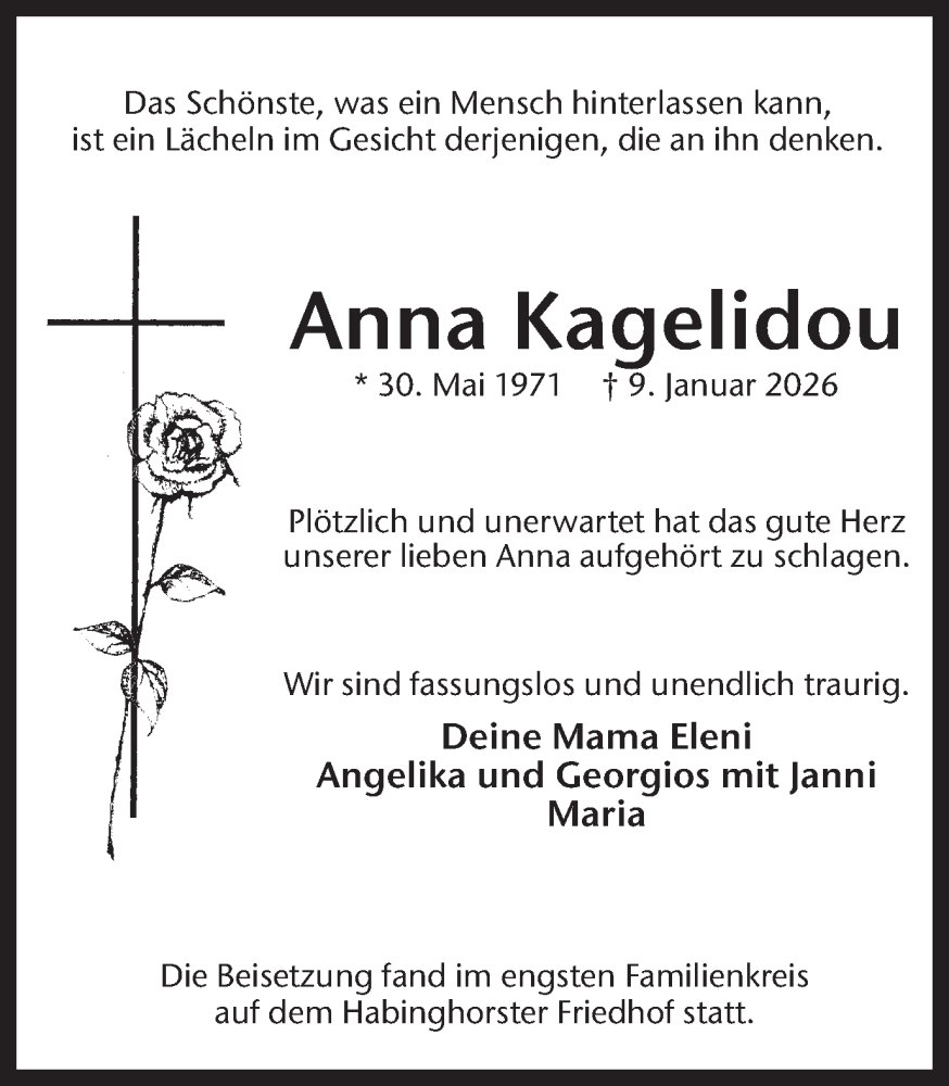  Traueranzeige für Anna Kagelidou vom 31.01.2026 aus Stadtanzeiger Castrop-Rauxel