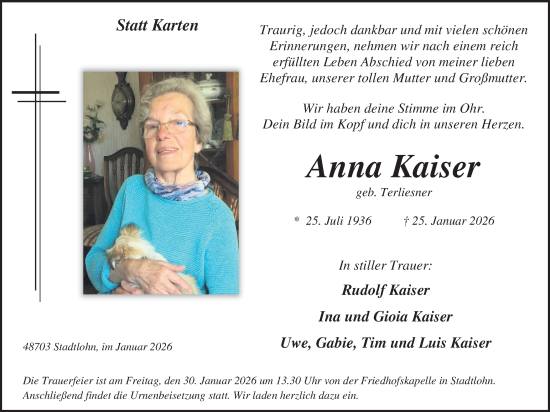 Traueranzeige von Anna Kaiser von Münsterland Zeitung