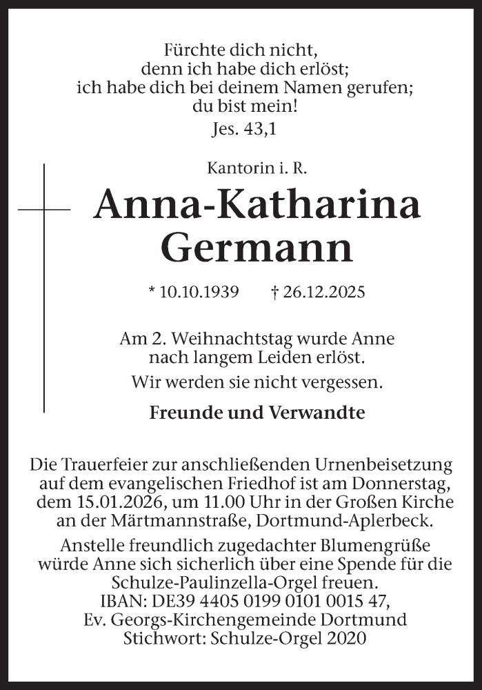  Traueranzeige für Anna-Katharina Germann vom 10.01.2026 aus Ruhr Nachrichten