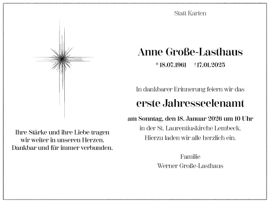 Traueranzeige von Anne Große-Lasthaus von Ruhr Nachrichten und Dorstener Zeitung