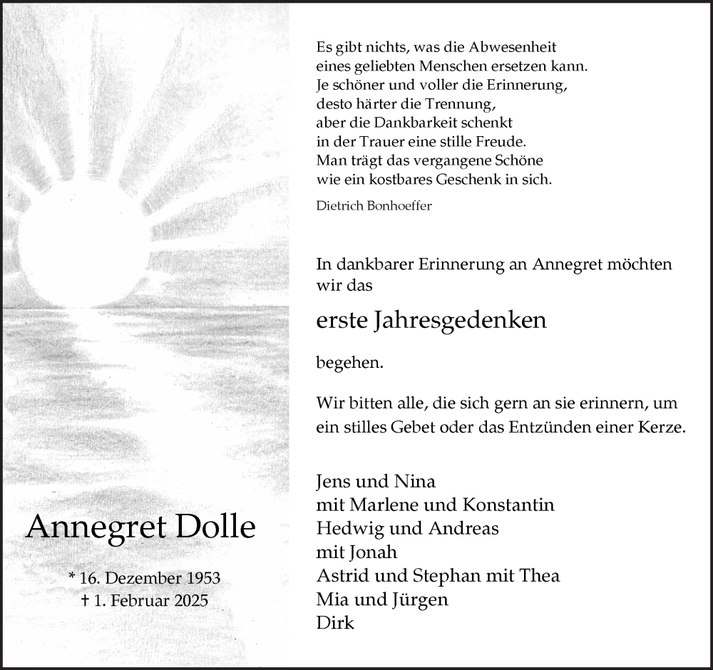  Traueranzeige für Annegret Dolle vom 31.01.2026 aus Ruhr Nachrichten und Dorstener Zeitung