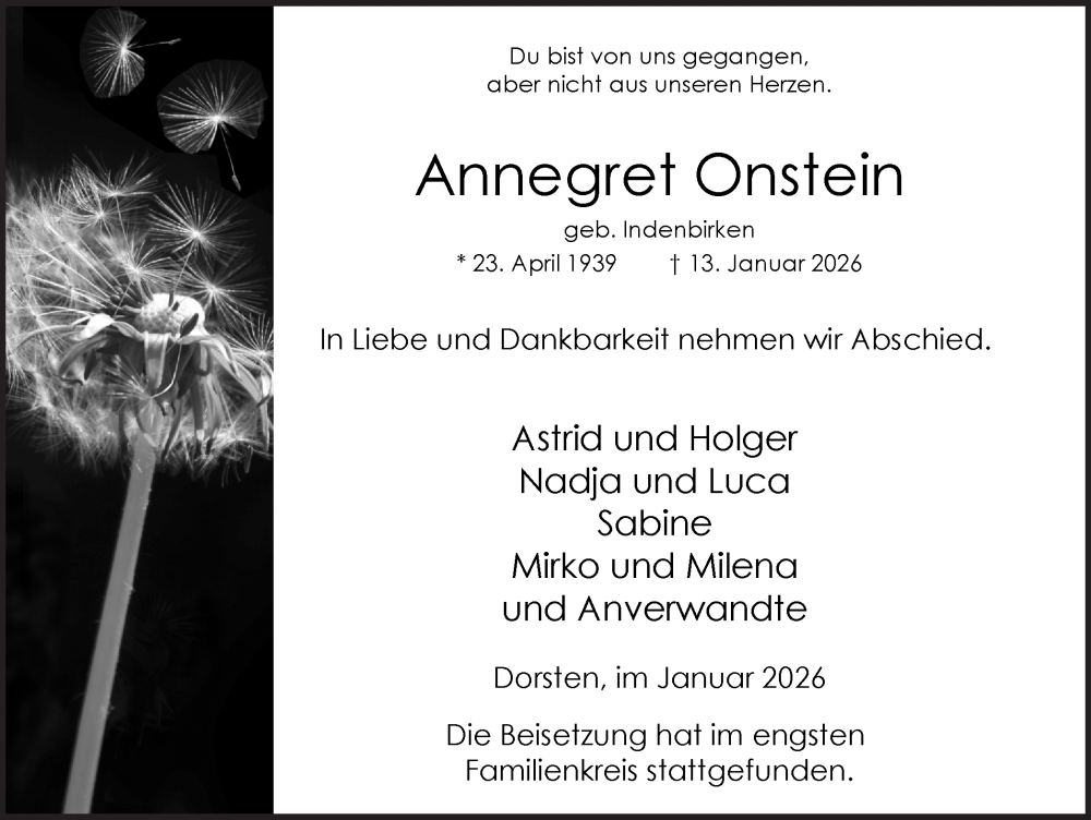  Traueranzeige für Annegret Onstein vom 24.01.2026 aus Ruhr Nachrichten und Dorstener Zeitung