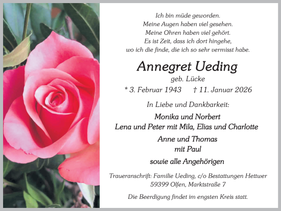 Traueranzeige von Annegret Ueding von Ruhr Nachrichten