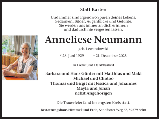 Traueranzeige von Anneliese Neumann von Ruhr Nachrichten