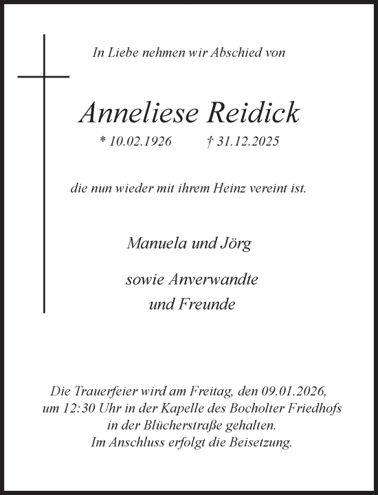 Traueranzeige von Anneliese Reidick 
