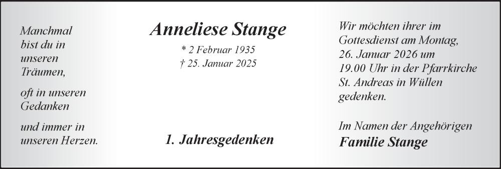  Traueranzeige für Anneliese Stange vom 23.01.2026 aus Münsterland Zeitung