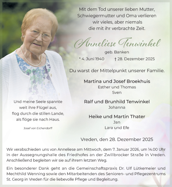 Traueranzeige von Anneliese Tenwinkel von Münsterland Zeitung