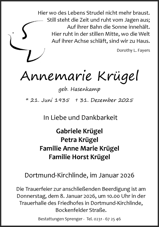 Traueranzeige von Annemarie Krügel von Ruhr Nachrichten