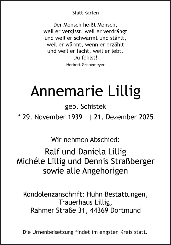  Traueranzeige für Annemarie Lillig vom 07.01.2026 aus Ruhr Nachrichten