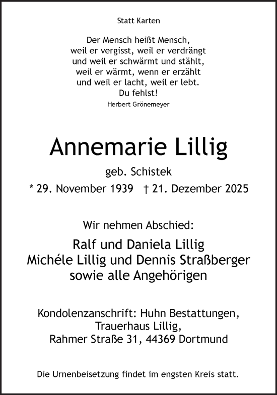 Traueranzeige von Annemarie Lillig von Ruhr Nachrichten