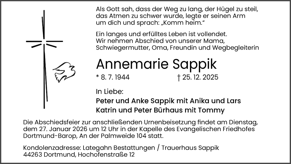  Traueranzeige für Annemarie Sappik vom 17.01.2026 aus Ruhr Nachrichten