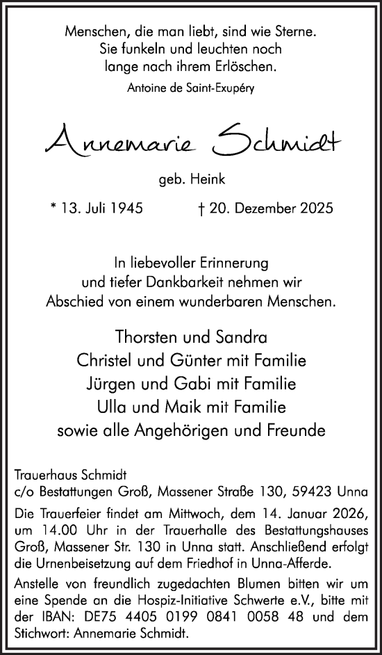 Traueranzeige von Annemarie Schmidt von Hellweger Anzeiger