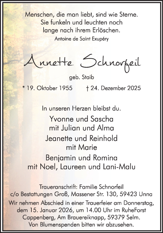 Traueranzeige von Annette Schnorfeil von Hellweger Anzeiger