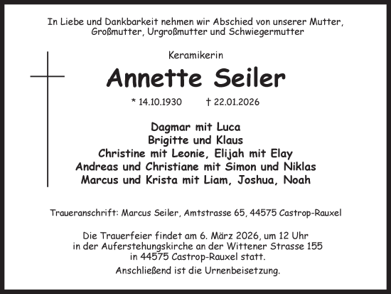 Traueranzeige von Annette Seiler von Ruhr Nachrichten
