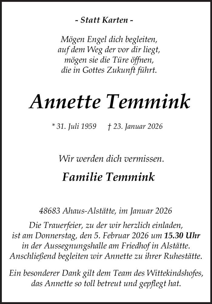  Traueranzeige für Annette Temmink vom 31.01.2026 aus Münsterland Zeitung