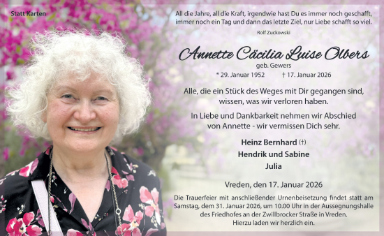 Traueranzeige von Annette Cäcilia Luise Olbers von Münsterland Zeitung